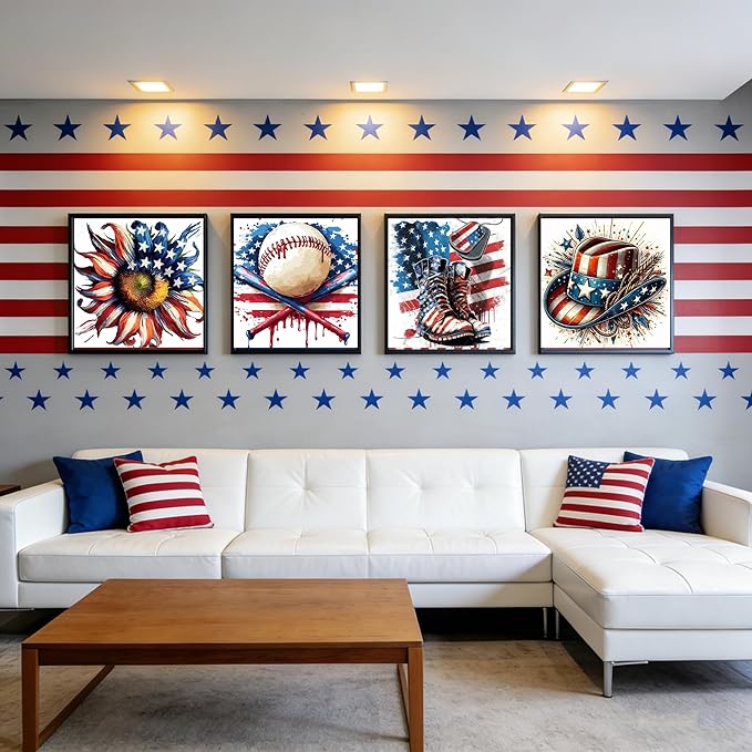 Canrichshop 4 Pack Framed Independence Day Paint by Numbers Kit for Adults,4 of July Patriotic Adult Paint-by-Number Kits on Canvas, DIY Oil Number Painting for Home Decor 8 x 8 inch