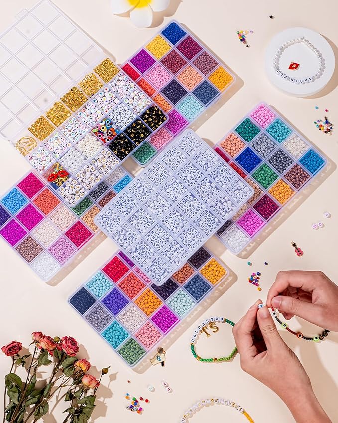 Goldwise Friendship Bracelet Kit 6 Boxes-17417 Pcs 48 Colors Bracelet Making Kits with 15360 Pcs 4mm and 3mm Glass Seed Beads, 5 Styles Letter Beads and Number Beads with Charms, Gift, Birthday