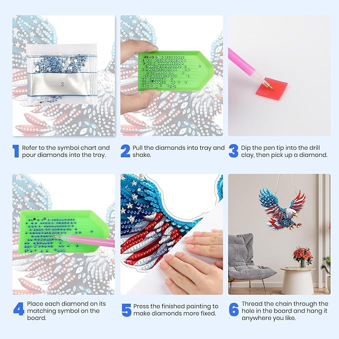 MXJSUA Diamond Art Hanging Kits for Adults Beginners, American Flag Eagle DIY Acrylic Special Shaped Crystal Diamond Gem Art Pendant Drills Painting Ornament for Home Wall Decor and Gift