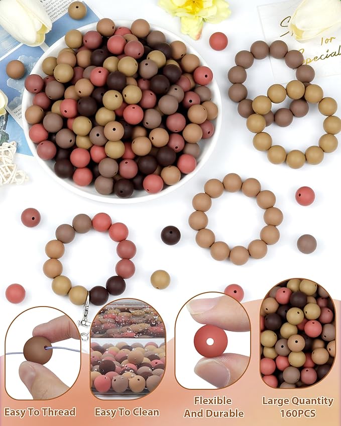 160pcs fiveizero 12mm silicone beads for keychain making, brown mixed 6 colors round silicone bead bulk for pens, rubber beads for bracelets and diy crafts