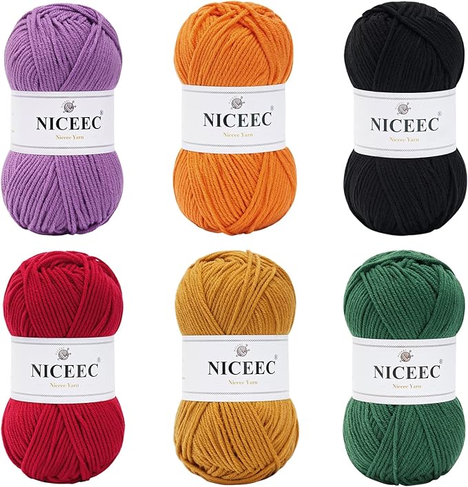 NICEEC 300g Soft Assorted Colors Yarn - Sport Weight,100% Acrylic, 4 Ply, Bonbons Yarn for Crochet & Knit, DIY Project Starter Kit for Kids or Adults(Total 870yds) - Halloween