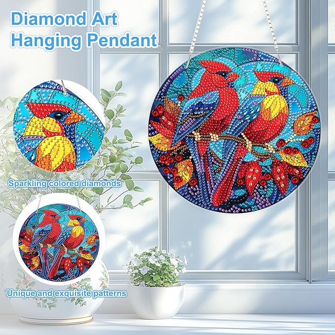 TOSTOG Diamond Art Hanging Kits for Adults, DIY Cardinal Diamond Painting for Adults Window Pendant, Special Shape Diamonds Cardinal Diamond Painting Hanging Pendant Kit for Wall Decor Gift