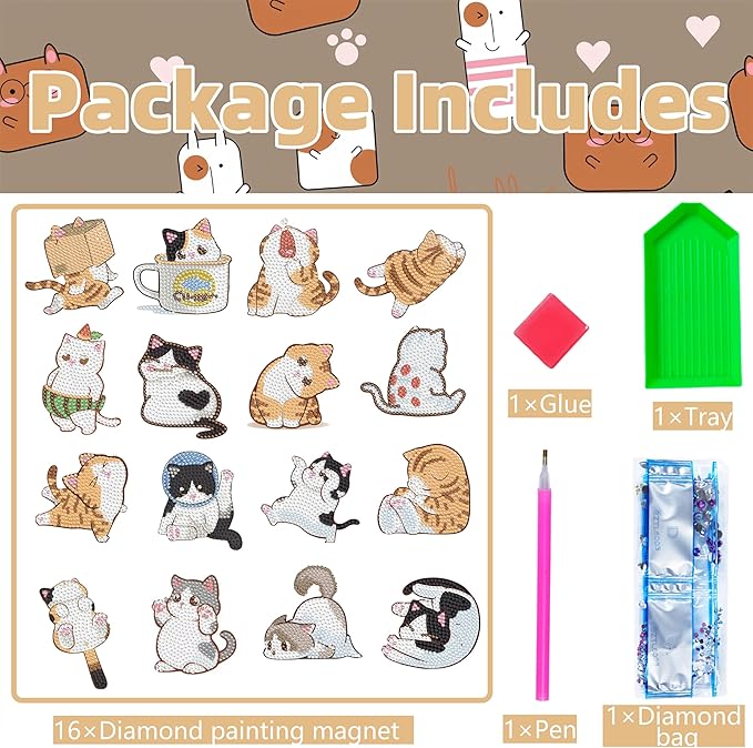 16 Pcs Cat Diamond Painting Magnets Kits Diamond Art Fridge Magnet Refrigerator Sticker Diamond Painting kit for Beginners Adults DIY Art Craft Gifts Home Decors (cat)