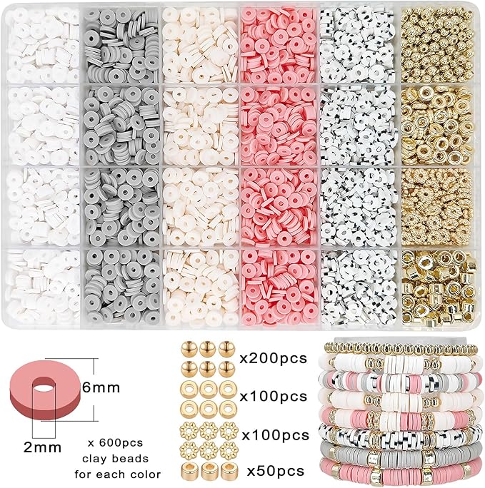 MIIIM Boho Neutral Clay Bead Bracelet Kit, Heishi Beads, Flat Clay Beads and Gold Spacer Beads for Jewelry Making, Friendship Bracelet Beads Kit for Valentine's Day, Crafts, Raves, Gifts