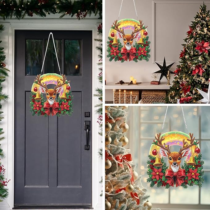 MEIYUDA Christmas Hanging Diamond Art Kits for Adult, Deer Diamond Painting Hanging Kits Ornaments, DIY Special Shaped Rhinestone Window Pendants kit for Home Garden Wall Decor Gift