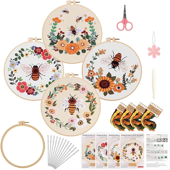 Fakindiy 4 Sets Embroidery Kit for Beginners, Bee Cross Stitch Set for Complete Starter Kit with Hoop, Threads, Needles & Tools,Hand Craft Gift for Lovers (ColorB-bee Pattern)