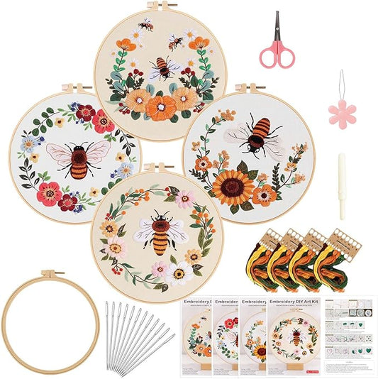 Fakindiy 4 Sets Embroidery Kit for Beginners, Bee Cross Stitch Set for Complete Starter Kit with Hoop, Threads, Needles & Tools,Hand Craft Gift for Lovers (ColorB-bee Pattern)