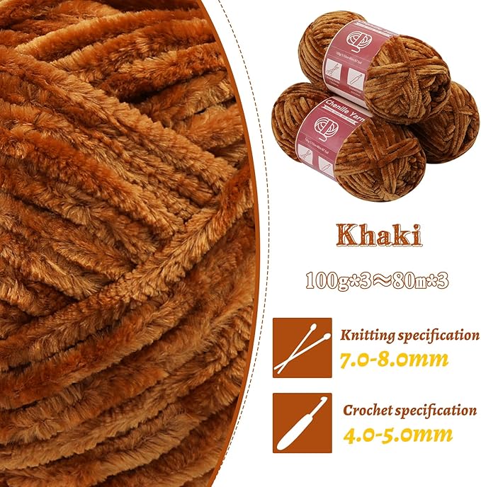 LUNARM Chenille Yarn for Crocheting Knitting, 3 Skein 263 Yard Thick Soft Chunky Fluffy Weaving Plush Yarn for Blankets Clothes Pattern Creations with Big Eye Needles (Khaki)