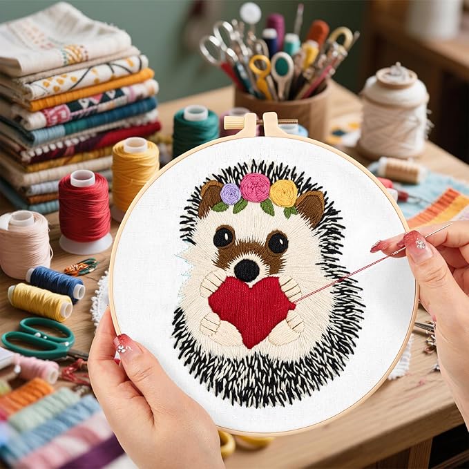 Cute Hedgehog Embroidery Kits for Beginners Adults, Animals Embroidery Starter Kits, Counted Cross Stitch Kits for Beginners DIY Craft Kits for Adults Women, Embroidery Hoops, Thread & Video Tutorial