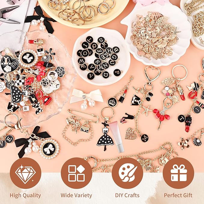 Prdingfy 477Pcs Lip Gloss Keychain Making Kit with Plier & Puncher, DIY Bag Charm & Bracelet Making Supplies, Alphabet Charms & Key Hooks for Personalized Gifts & Small Business