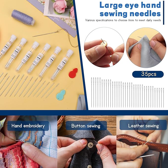 60 PCS Hand Sewing Needles, 6 Size Large Eye Sewing Needles, Leather Embroidery Thread Needle, Stainless Steel Knitting Quilting Needle for Handsewing Crafts, Repair with Threader