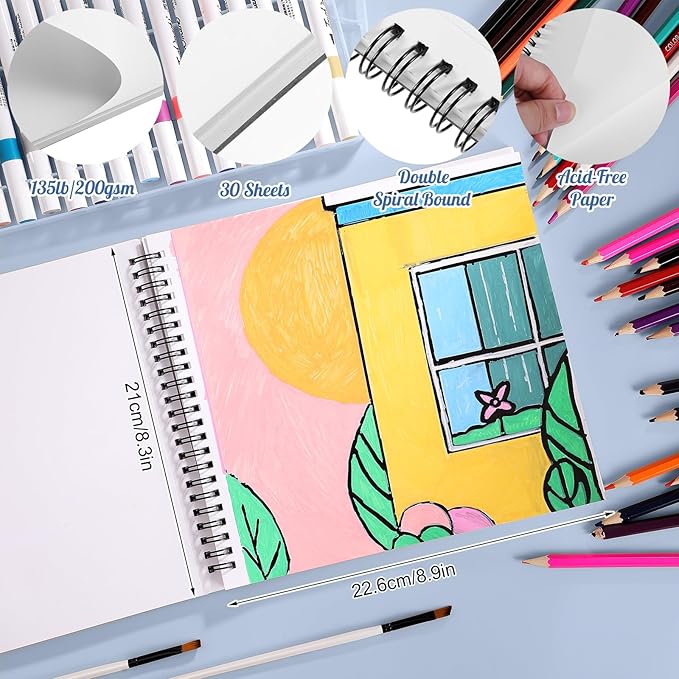 135lb/200gsm Marker Paper Pad, 8.3×8.9in Double Sided Bleedproof Sketch Pad, 30 Sheets Art Paper Spiral Sketchbook, Smooth Painting Coloring Alcohol Marker Paper for DIY, Gift