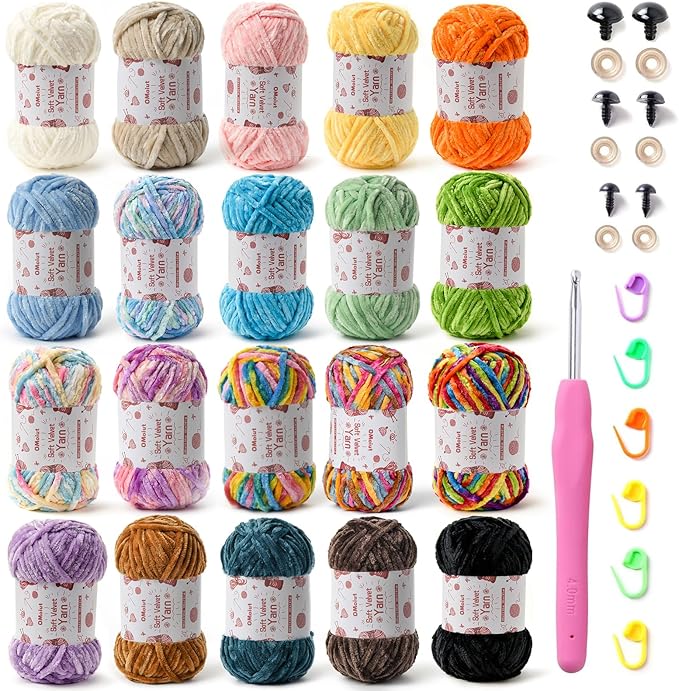 20 Pack Chenille Chunky Yarn - Baby Yarn for Crocheting Soft - White Black Brown Green Red Pink Blue Rainbow Velvet Yarns Crochet Blanket - Amigurumi Yarns Pack with Crochet Accessories