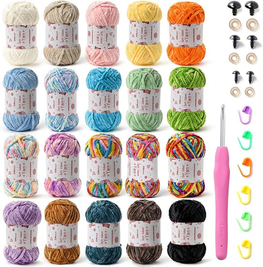 20 Pack Chenille Chunky Yarn - Baby Yarn for Crocheting Soft - White Black Brown Green Red Pink Blue Rainbow Velvet Yarns Crochet Blanket - Amigurumi Yarns Pack with Crochet Accessories
