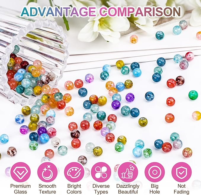 XSEINO About 1200+ PCS 6mm Ink Style Glass Beads Bracelet Making Kit, 24 Assorted Ink Colorful Series Crystal Beads for Jewelry Making and DIY Crafts, Friendship Bracelets