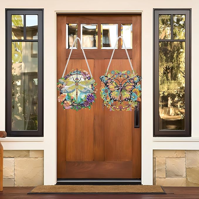 2 PCS Hanging Diamond Art Pendant Painting Kit Butterfly And Dragonfly, Special Crystal Gem Craft Painting Set ,Hanging Diamond Painting Art Wind Hanging for Home Window Door Decor(7.87X7.87 in)