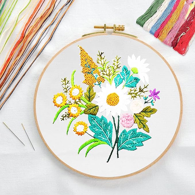 CREAWONDER Canvas Tote Bag Embroidery Kit with Pattern for Beginners, Arts and DIY Embroidery Crafts Kits for Adults, Include Instructions, Thimble, Embroidery Hoops, Color Threads and Tool