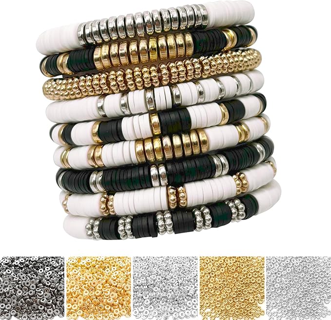 6mm Flat Round Spacer Beads, Clay Beads for Bracelets Making Kit, Heishi Polymer Flat Disc Spacer Beads for Jewelry Making, Clay Beads for Jewelry Making Gold Beads Silver (2000pcs)