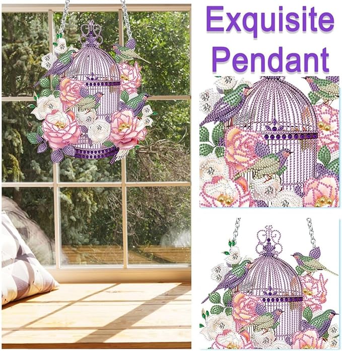 Flower Birdcage Design DIY Diamond Art Painting Wreath Kits Special Shaped Rhinestone Diamond Art Window Pendants Home Garden Wall Hanging Kits (Single Side Point Drill) (#11-Cat) (#06-Bird)