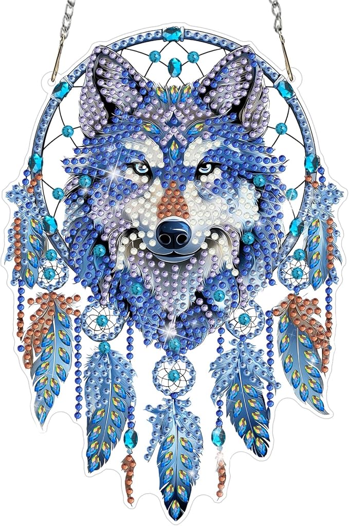 MAXBYE Diamond Art Kits for Adults Hanging Pendant, Wolf Dreamcatcher DIY Special Shaped Diamonds Painting Double Sided Rhinestone Gem Art for Beginners Gift Window Wall Door Decoration 8×8 Inch