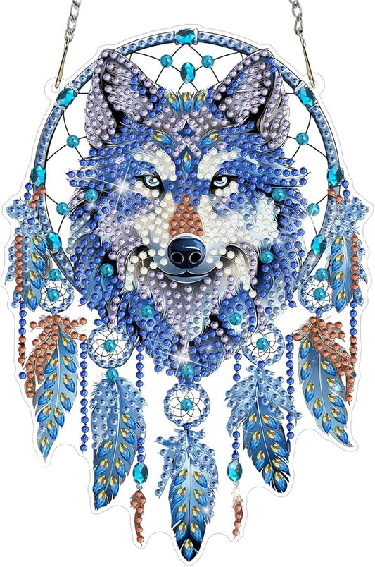 MAXBYE Diamond Art Kits for Adults Hanging Pendant, Wolf Dreamcatcher DIY Special Shaped Diamonds Painting Double Sided Rhinestone Gem Art for Beginners Gift Window Wall Door Decoration 8×8 Inch