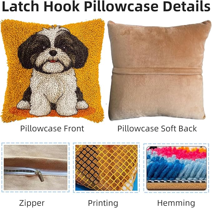 DIY Latch Hook Pillow Kits for Adults Cute Cartoon Shih Tzu Dog Printed Pillowcase Crochet Yarns Hooking Handmade Pillow Cover Cushion for Home Sofa Decoration 17x17inch-5