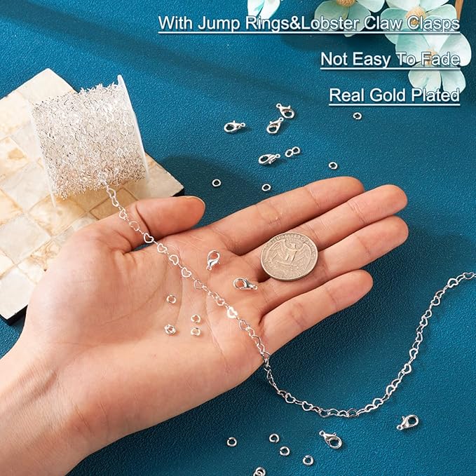 PH PandaHall 16.4 Feet Brass Heart Link Chains 18K White Gold Plated Heart Chains Soldered Jewelry Chains with 50Pcs Jump Rings Lobster Claw Clasps for Bracelet Necklace Jewelry Making