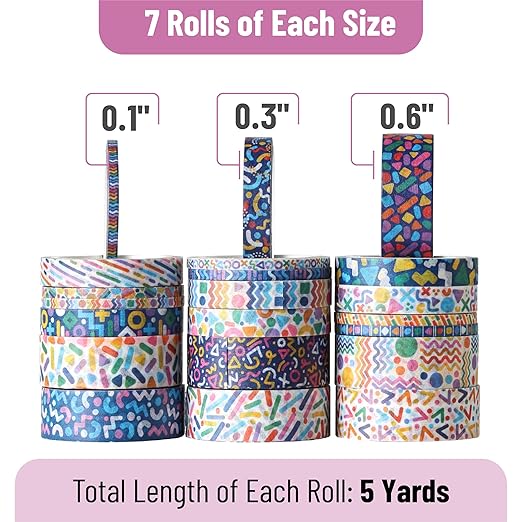 Mr. Pen- Washi Tape Set, 21 Rolls, Assorted Sizes, Geo Labyrinth, Washi Tape for Journaling