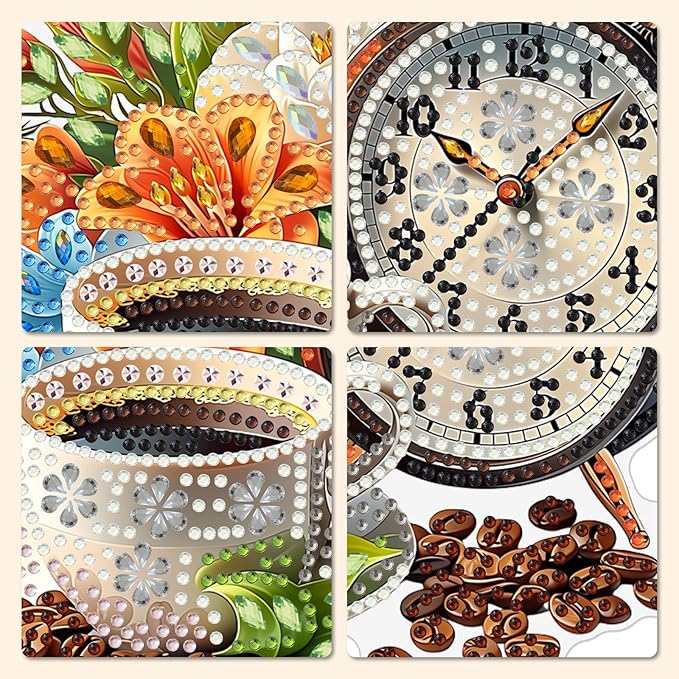 MXJSUA Coffee Floral Clock Diamond Painting Art Window Suncatchers, Diamond Art Kits for Adults Hanging Ornaments with Chain, 5D Special Shape Crystal Diamond Pendant Accessories for Decor Gift