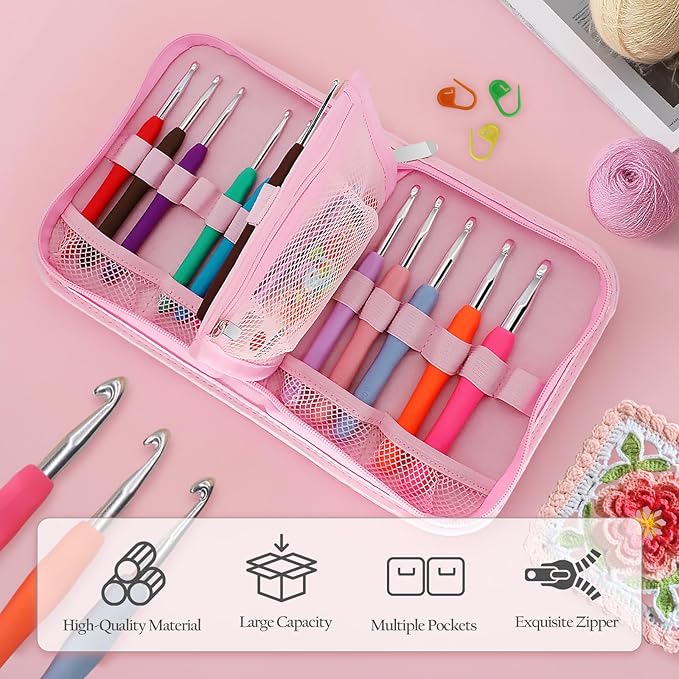 blingcute 50-piece ergonomic crochet kit (0.6mm-8.0mm), pain-free hooks for arthritis hands, portable aluminum needles set with pink travel organizer, best gift for beginners & lace projects
