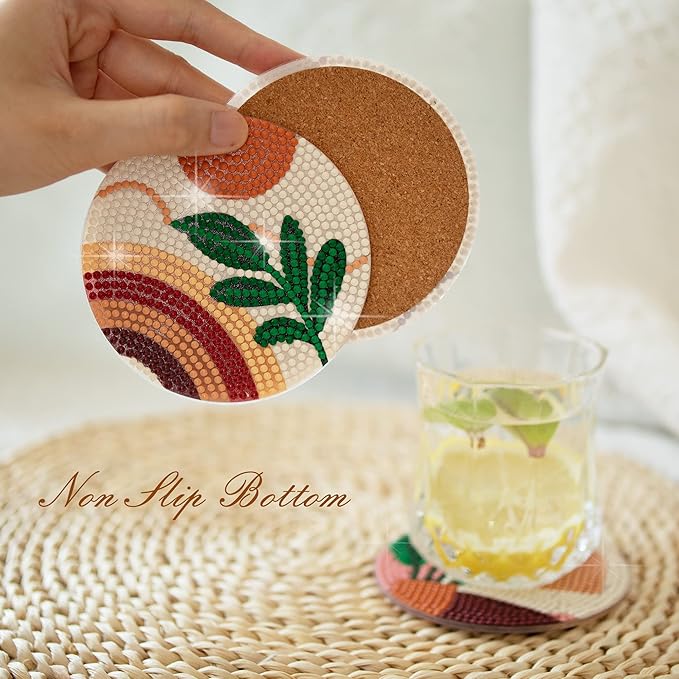 Temlum 6 Pcs Diamond Painting Coasters Kit, Abstract Plant Diamond Art Coasters for Beginners, Adults Small Diamond Painting Kit Art Craft Supplies