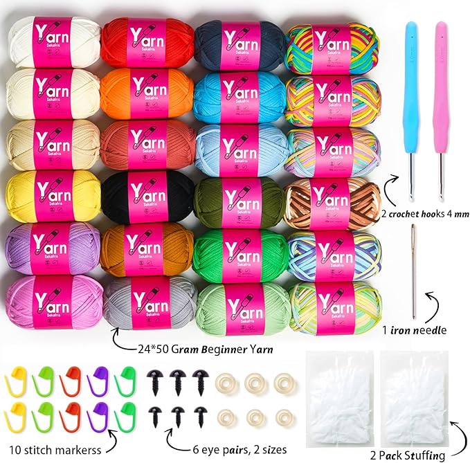 Cotton Chunky Yarn Set - 24 * 50g - Beginner Crochet Yarn with Easy-to-See Stitches - Black, White, Orange, Red, Green, Rainbow, Pink - Ideal for Amigurumi and More