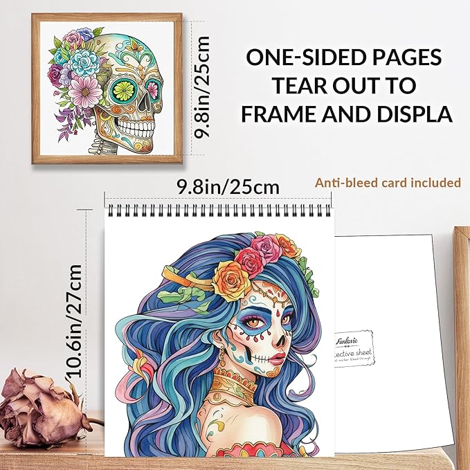 FUN LAVIE Sugar Skull Coloring Book for Adults – Elegant Floral Sugar Skull Lady Designs for Women Mindfulness, Stress Relief & Relaxation, Spiral Bound, Perfect Day of the Dead Art Gift
