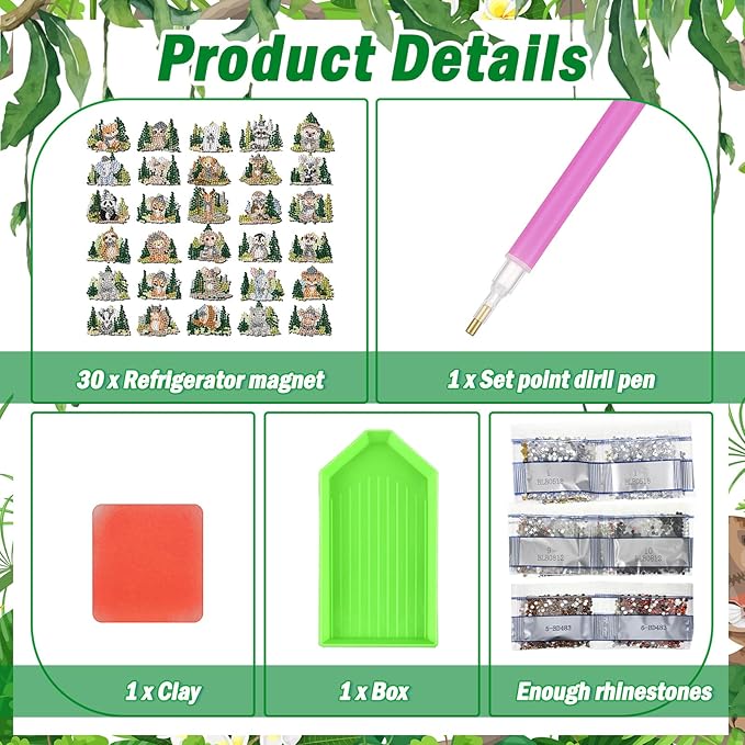 Xuhal 30 Pcs Forest Animal Diamond Painting Magnets Wildlife Diamond Art Magnets Kits for Adults 5D Rhinestone Zoo Woodland Wild Animal Refrigerator Magnetic Stickers for DIY Craft Fridge Gifts