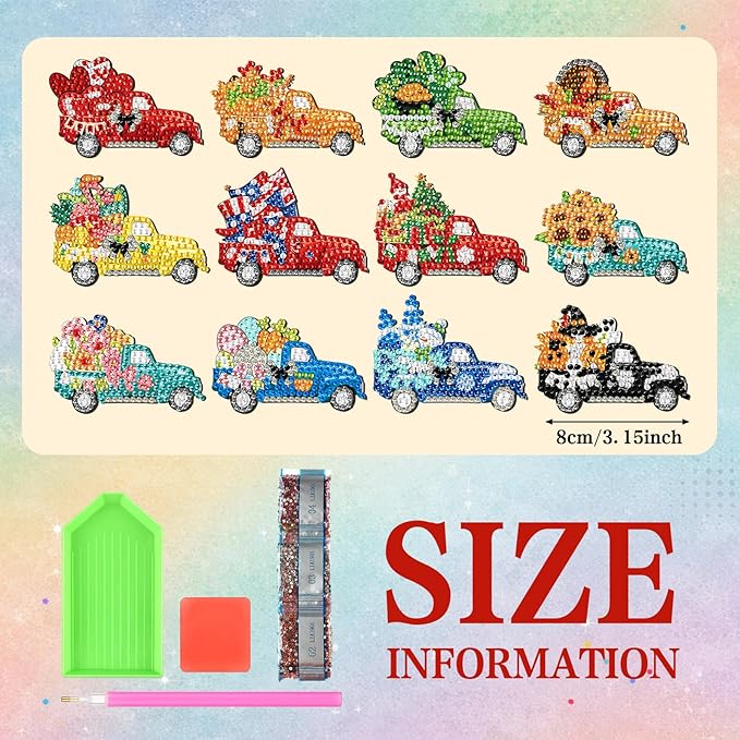 Frienda 12 Pcs Diamond Art Magnets Refrigerator Seasonal Diamond Painting Magnets Holiday Truck Easy Kits Interchangeable for Adults Beginners DIY Truck Home Decors Gifts Craft