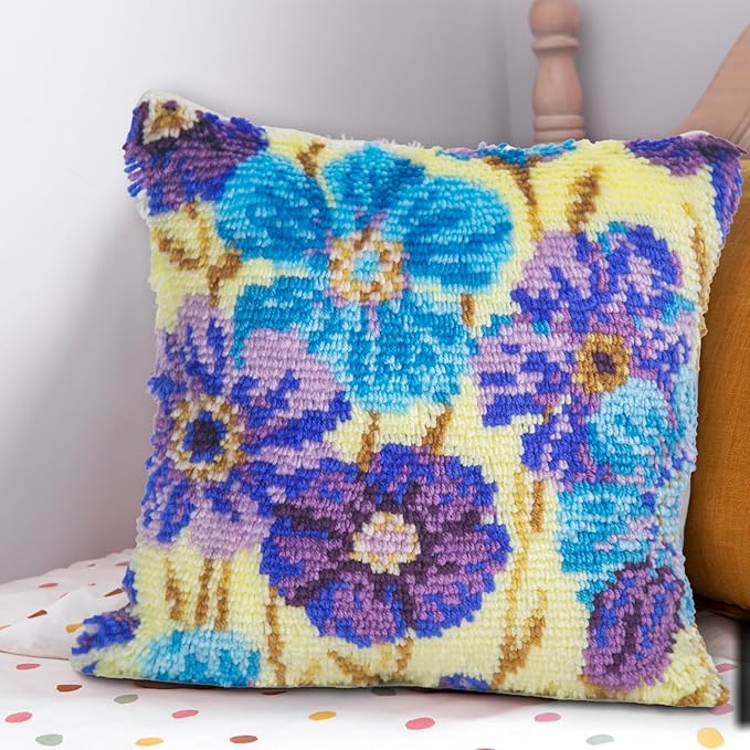 LAPATAIN Latch Hook Kits for DIY Throw Pillow Cover,Purple Flowers Pattern Needlework Cushion Cover Hand Craft Crochet for Great Family 17x17inch