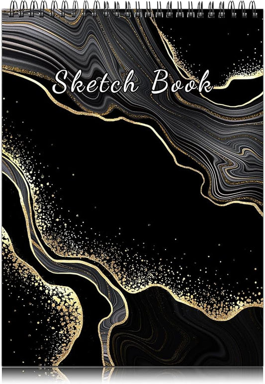 Deokke Sketchbook Top Spiral Bound Sketch Pad, 9 x 12 inch,100GSM Thick Paper,50 Sheets 100 Pages,Art Sketch Book Aesthetic Cute Drawing Writing Paper,for Girls Women-Black Marble