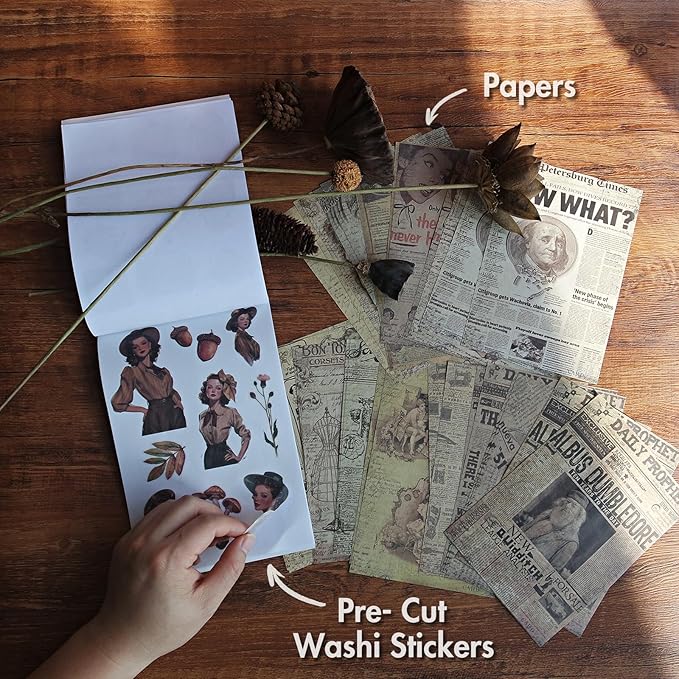 okupan vintage scrapbook stickers and ephemera pack – pre cut design scrapbooking supplies with 216 washi stickers & 30 papers for jounk journaling, planners, diy crafts, card making