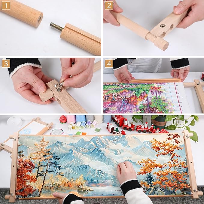 Large Beech Wood Embroidery Scroll Frame, 2-Part Adjustable Holder for Cross Stitch, Tapestry, Quilting, Sewing Needlepoint Projects