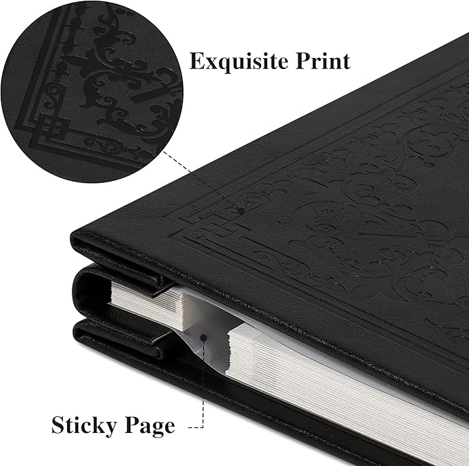 Vienrose Self Adhesive Faux Leather Photo Album with Window DIY Scrapbook Kit for 4x6 5x7 8x10 Pictures, Memory Book for Baby Kids Wedding Journal School Polaroid, 30 Sheets(60 Pages) Black