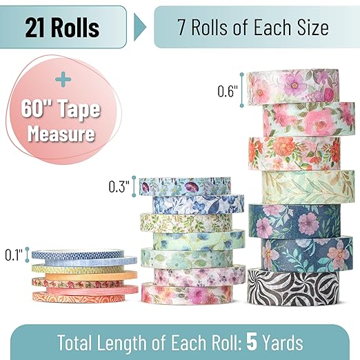 Mr. Pen- Washi Tape Set, 21 Rolls, Assorted Size, Floral Vintage, Washi Tape for Journaling