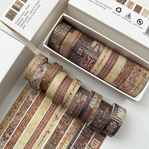 YUBBAEX 10 Rolls Vintage Washi Tape Set Basic Masking Retro Artwork Decorative Tapes for Arts, DIY Crafts, Journals, Planners, Scrapbook, Wrapping (Retro)