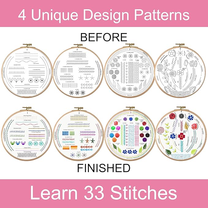 Moni Crafts Embroidery Kit for Beginners – DIY Hand Embroidery Set for Adults with 4 Stamped Patterns, Hoop, Threads, Needles and Step-by-Step Stitch Guide to Learn 33 Stitches