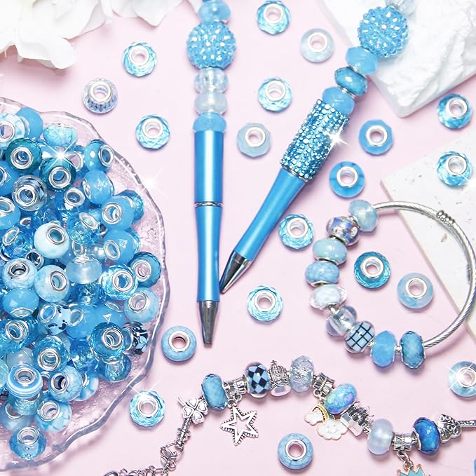 60Pcs Large Hole Beads Spacer Beads Sky Blue Assorted European Craft Big Beads Large Hole Lampwork Murano Bead Fairy Wand Garden Bead for DIY Bracelet Necklace Jewelry Making Decoration Supplies
