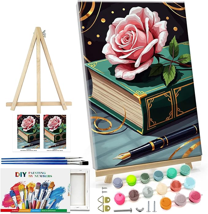 ATDMS Paint by Numbers Kit for Adults with Frame Flower Paint by Number with Easel Book Adult Paint by Number Kits Framed Canvas DIY Acrylic Oil Painting Kits for Home Wall Decor 8x12 Inch