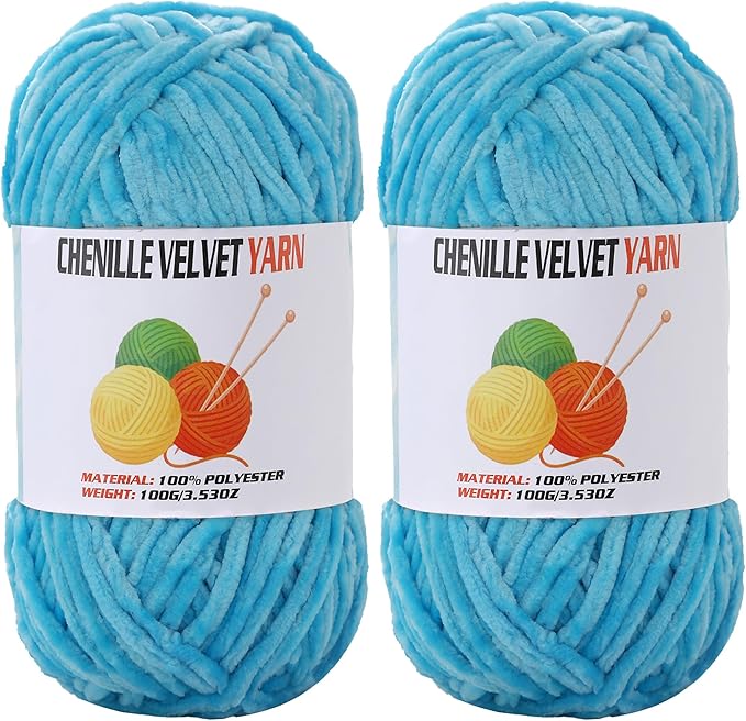 2 * 100g Velvet Chenille Chunky Yarn, Handcrafts Weaving Soft Chenille Yarn for Crocheting Clearance, Used for Making Baby Yarn Blanket, Clothes, Knitting Creations (Lake Blue)