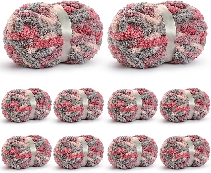 10 Pack Jumbo Chunky Yarn for Hand Knitting, Fluffy Chunky Chenille Yarn for Crocheting, Variegated Chunky Knit Baby Blanket Yarn, 240 yds /70.5 oz Super Bulky Yarn（Grey-Pink-Purple）