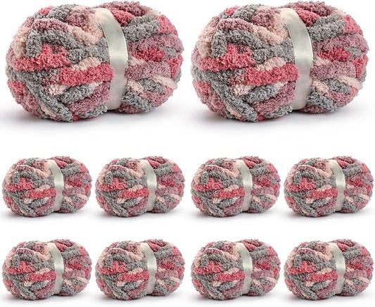10 Pack Jumbo Chunky Yarn for Hand Knitting, Fluffy Chunky Chenille Yarn for Crocheting, Variegated Chunky Knit Baby Blanket Yarn, 240 yds /70.5 oz Super Bulky Yarn（Grey-Pink-Purple）