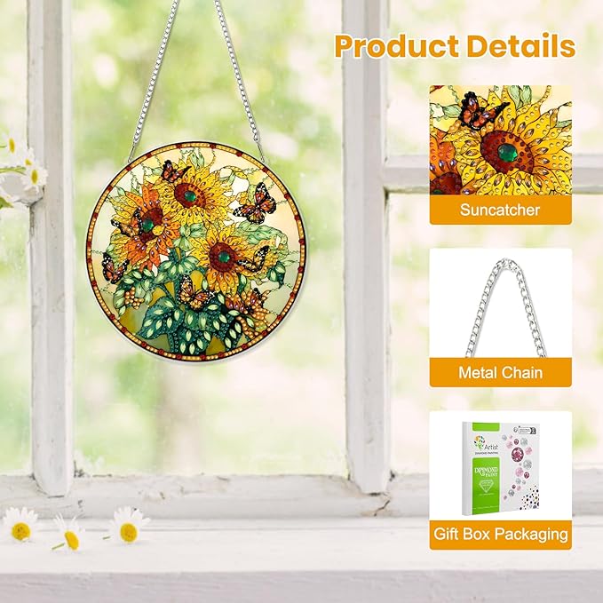 EOBROMD Diamond Hanging Art Kits for Adults, Sunflower Suncatcher Diamond Art Painting, DIY Special Shaped Rhinestone Kits for Adults, Window Pendants Home Garden Wall Hanging Ornament
