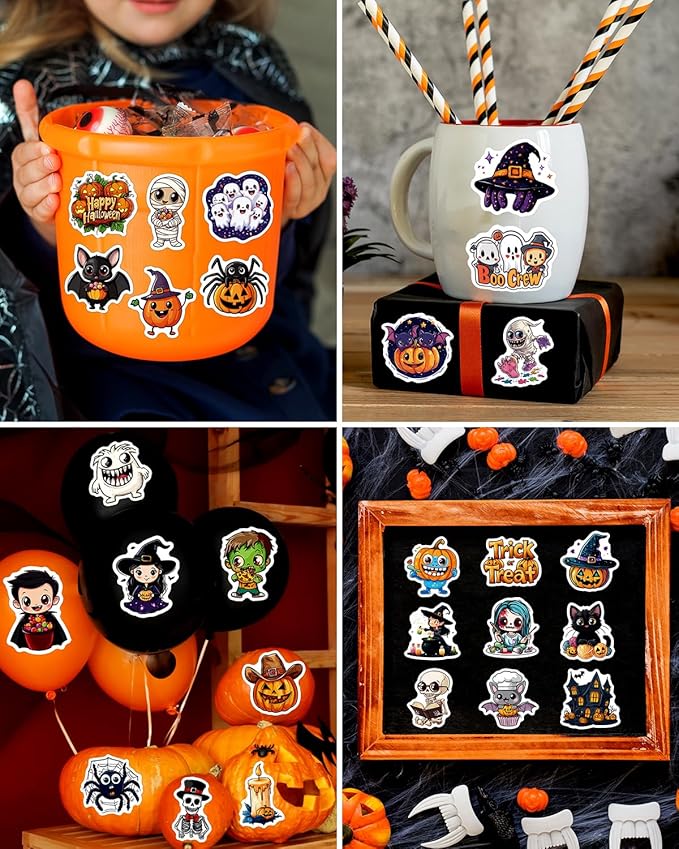 jcfire halloween stickers for kids, 100 pcs halloween party favors, waterproof cute vinyl stickers for water bottle crafts, party decorations supplies, goodie bags stuffers kids gift toys games treats